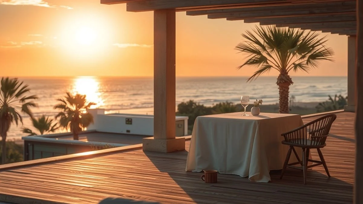 Corsé de encaje blanco colgado en una terraza al atardecer con vistas al mar y palmeras