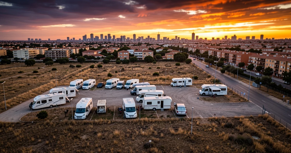 Aerial view of caravans parked in an area of Sacaba, with the city of Málaga in the background at sunset