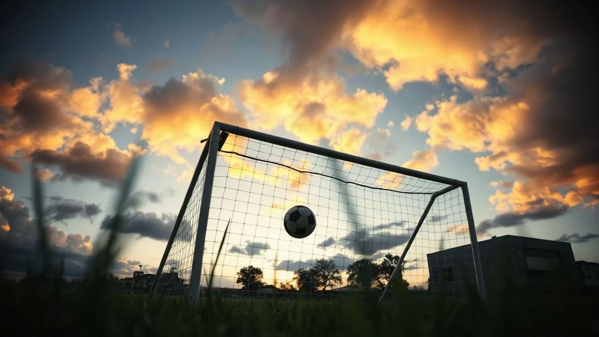 Imagen ilustrativa: una portería de fútbol con la red a contraluz al atardecer, con el cielo de fondo