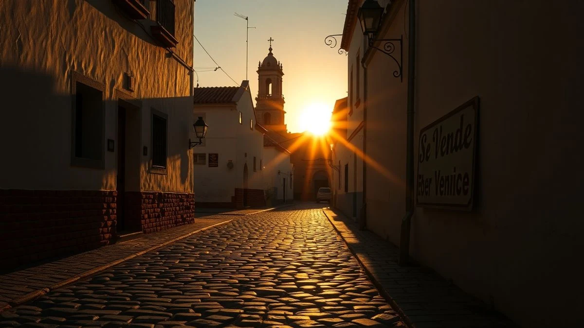 Narrow street of a white Andalusian village at sunset with a For Sale sign and long shadows