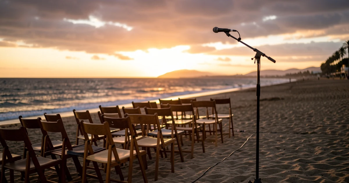 Escenario de concierto vacío en la playa al atardecer con micrófono y sillas
