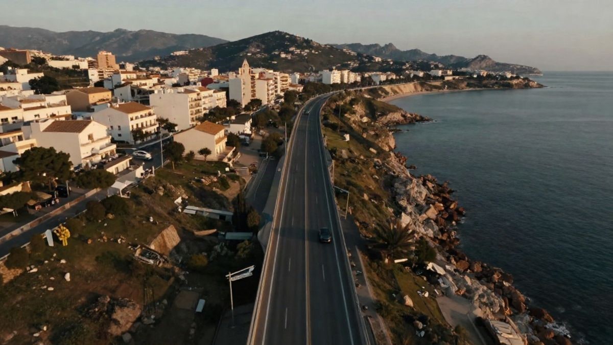 Imagen ilustrativa: vista aérea de una autovía costera con una salida y edificios al fondo.
