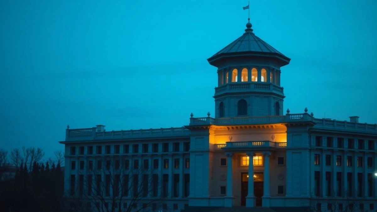 Imagen ilustrativa: vista de una torre mirador y un palacio de congresos iluminados de azul al atardecer.
