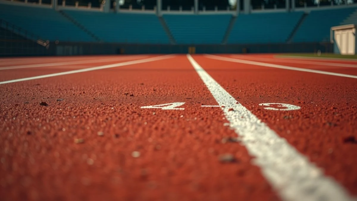 Imagen ilustrativa: una pista de atletismo roja con marcas blancas y tacos de salida al atardecer