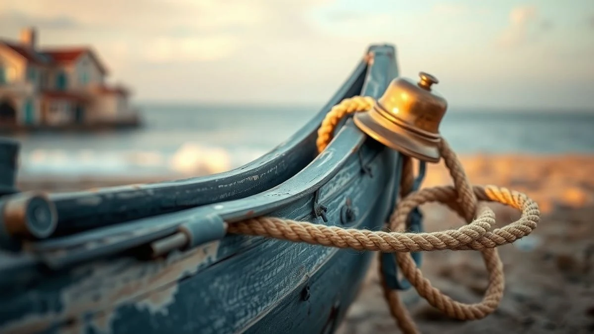 Close-up of a blue wooden boat on the sand, with rope and bell, at dawn on the coast.