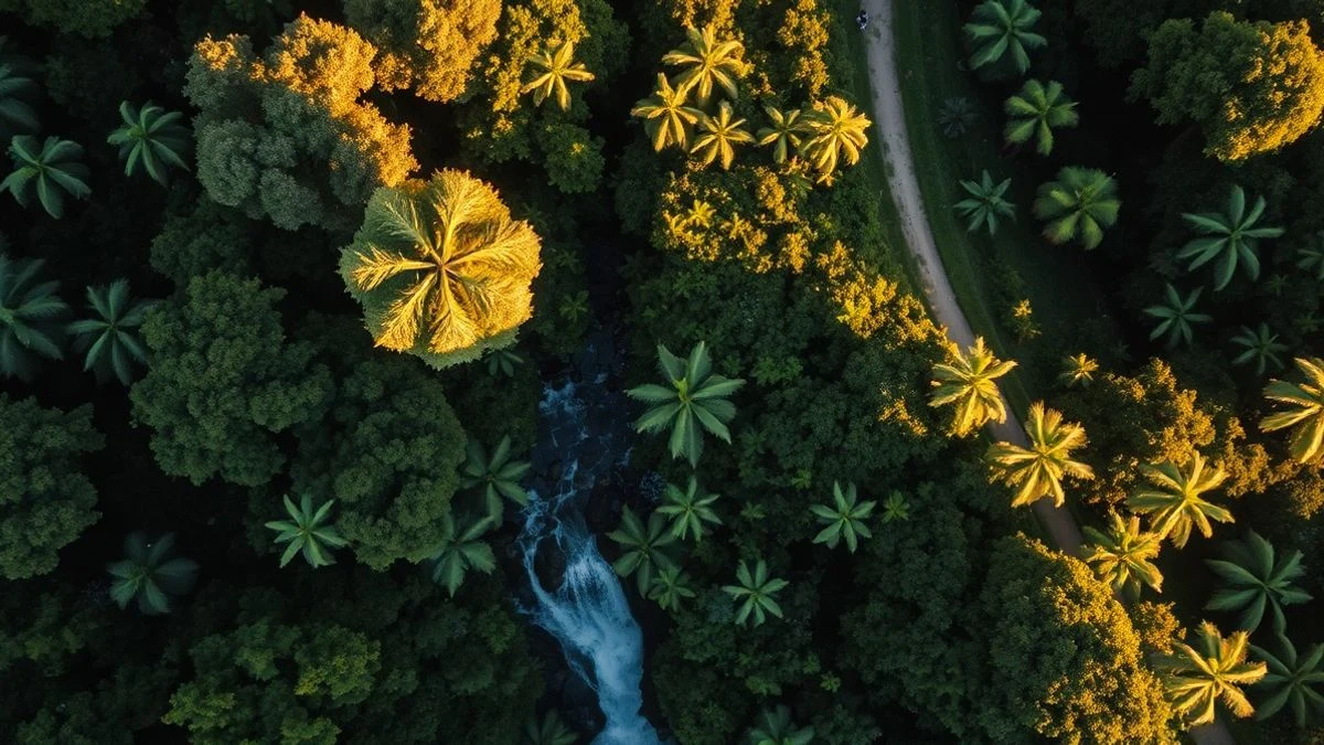 Vista aérea de un hábitat tropical en BIOPARC Fuengirola con vegetación frondosa y una cascada