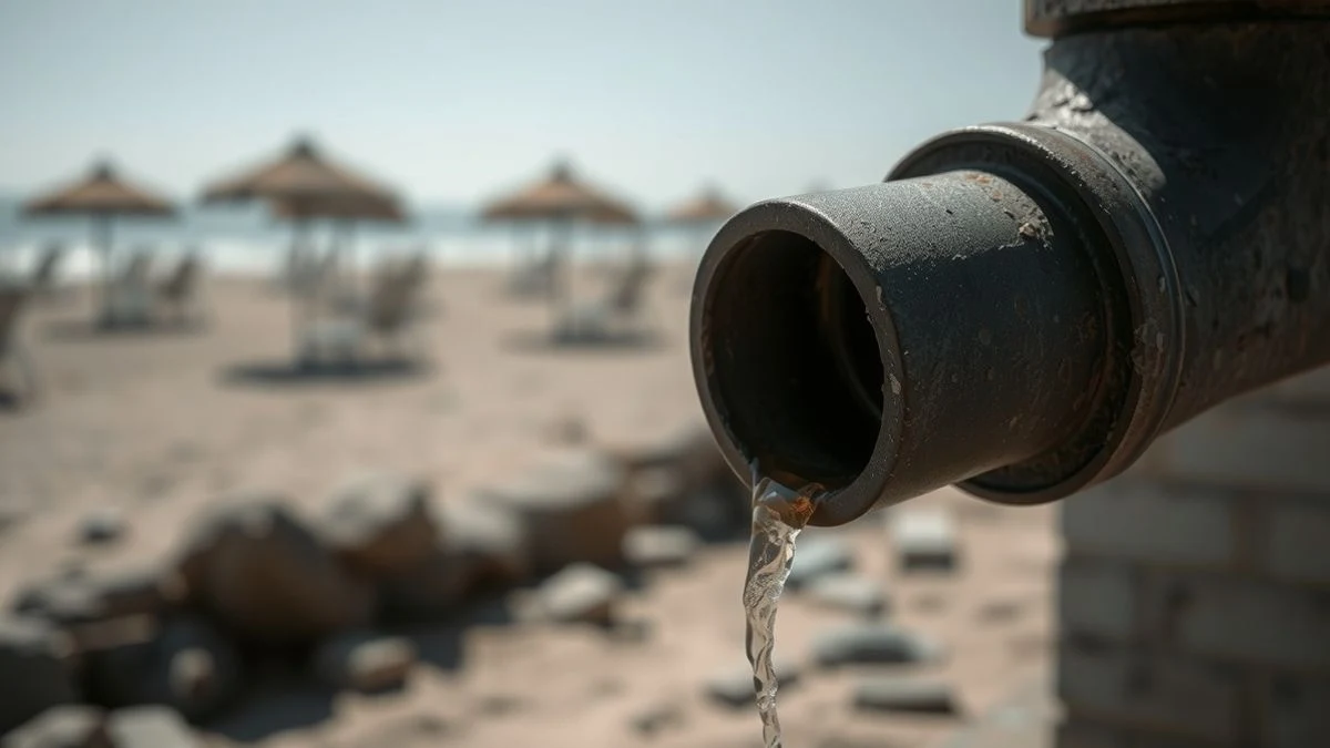 Imagen ilustrativa: un tubo metálico oxidado con un chorro de agua turbia, al fondo una playa con sombrillas