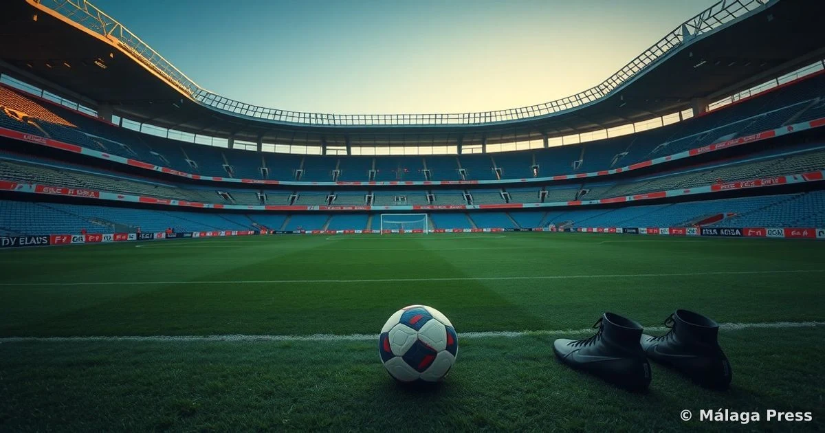 Estadio de fútbol vacío en Torremolinos con un balón y botas sobre el césped