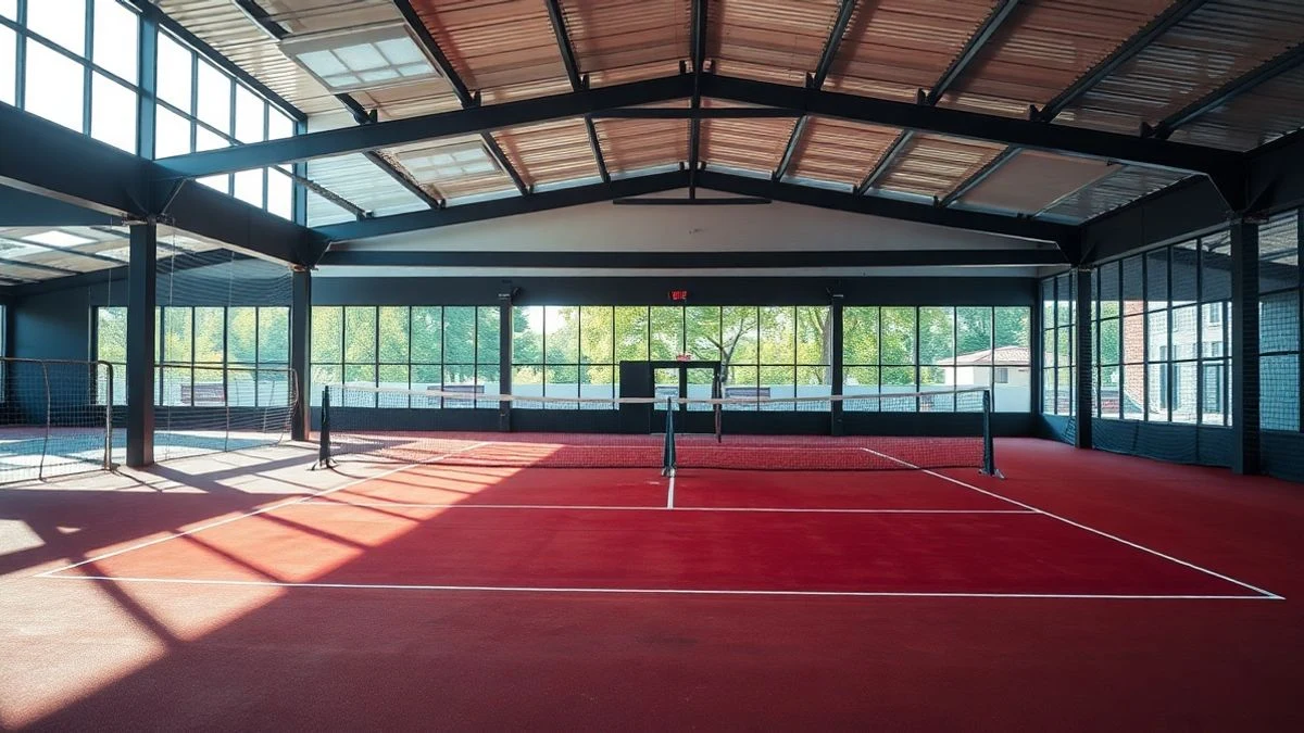 Illustrative image: empty covered tennis court in a sports complex, with natural light coming through side windows.