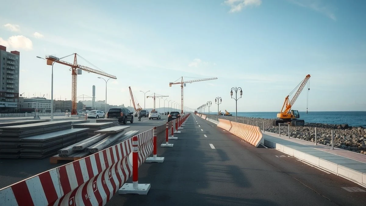Imagen ilustrativa: obras en un paseo marítimo con vallas, grúas y materiales de construcción al atardecer, con el mar al fondo.