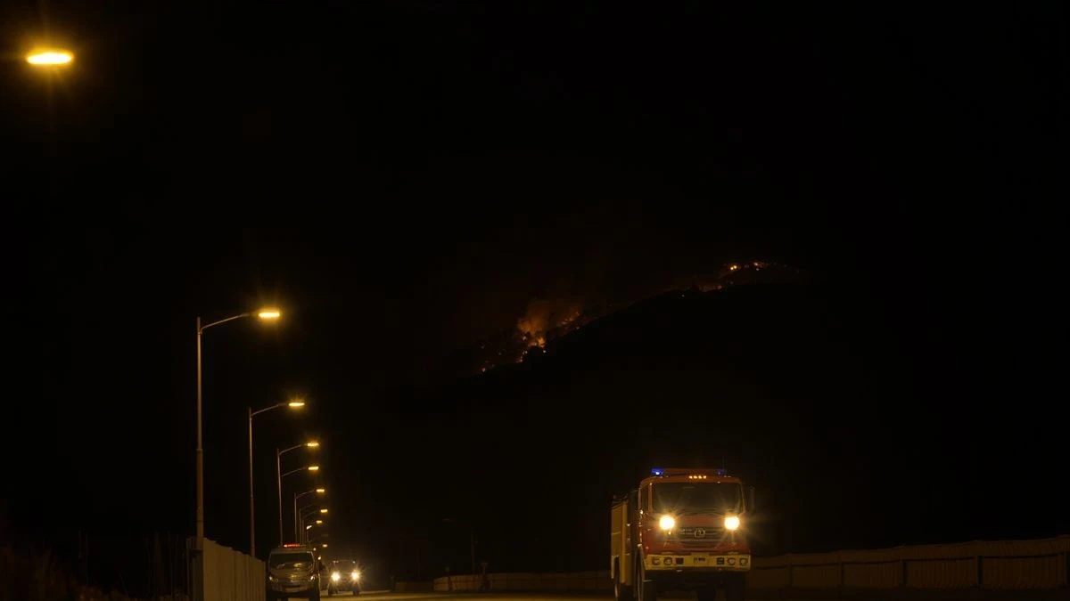 Illustrative image: a mountain with emergency vehicle lights illuminating the ground after a wildfire at night.