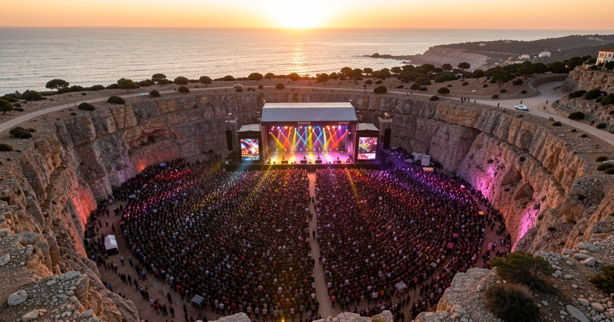 Vista aérea de un escenario de festival en una cantera al atardecer con luces de colores