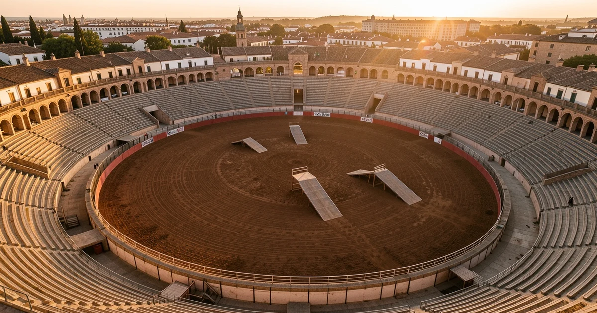 Vista aérea de la Plaza de Toros de Estepona con pista de freestyle motocross