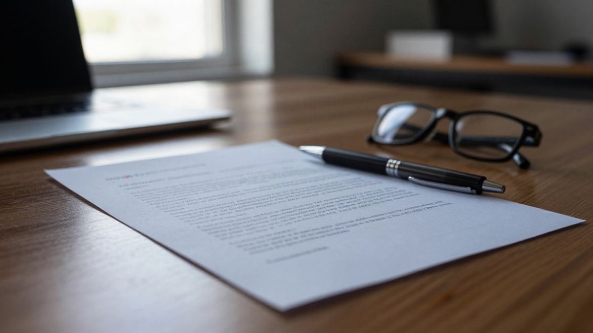 Imagen ilustrativa: detalle de un escritorio con un contrato impreso, un bolígrafo y unas gafas