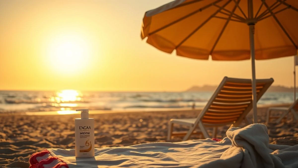 Illustrative image: a sunset on a Mediterranean beach with a parasol, an empty sunbed, and sunscreen in the foreground, backlit with long shadows.