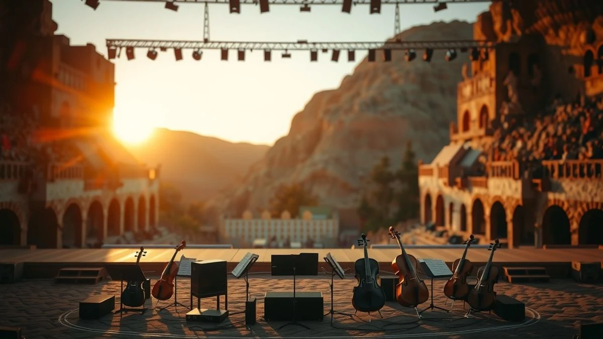 Escenario vacío en una cantera al atardecer con instrumentos de orquesta, luz dorada y fondo desenfocado