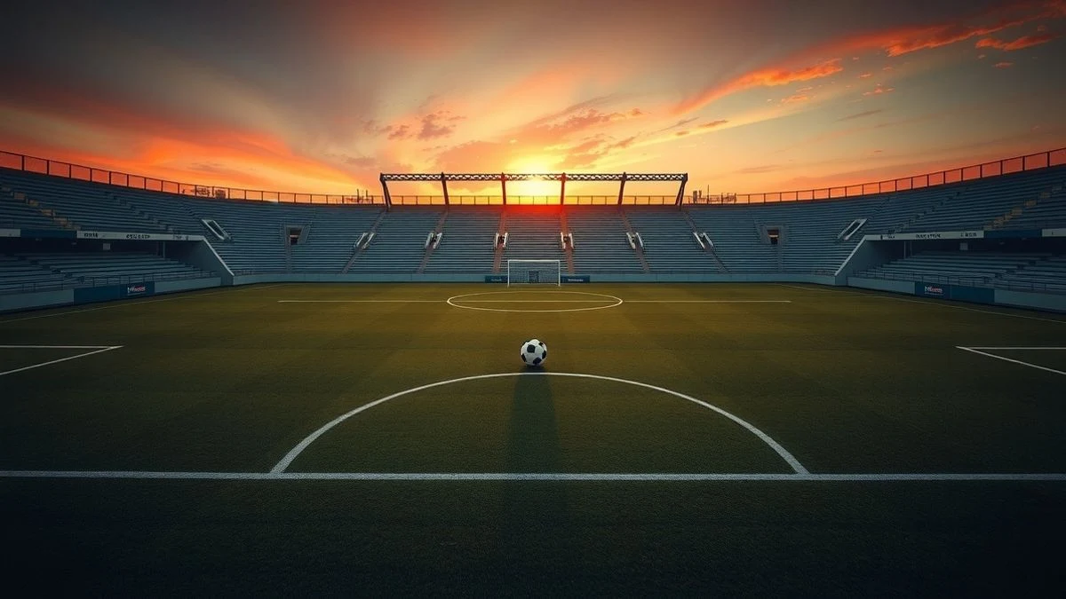 Vista cenital de un campo de fútbol al atardecer con un balón en el centro del círculo, gradas vacías al fondo