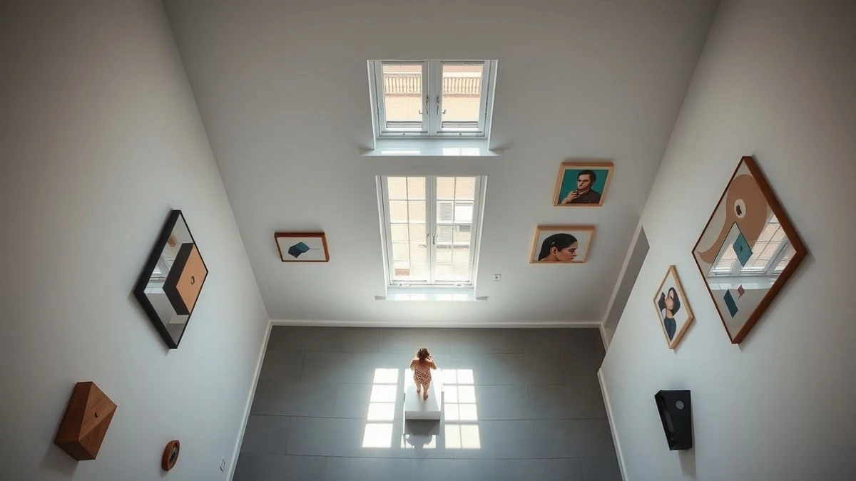 Imagen ilustrativa: vista cenital de una sala de exposiciones con esculturas geométricas y collages sobre paredes blancas, iluminada por luz natural.