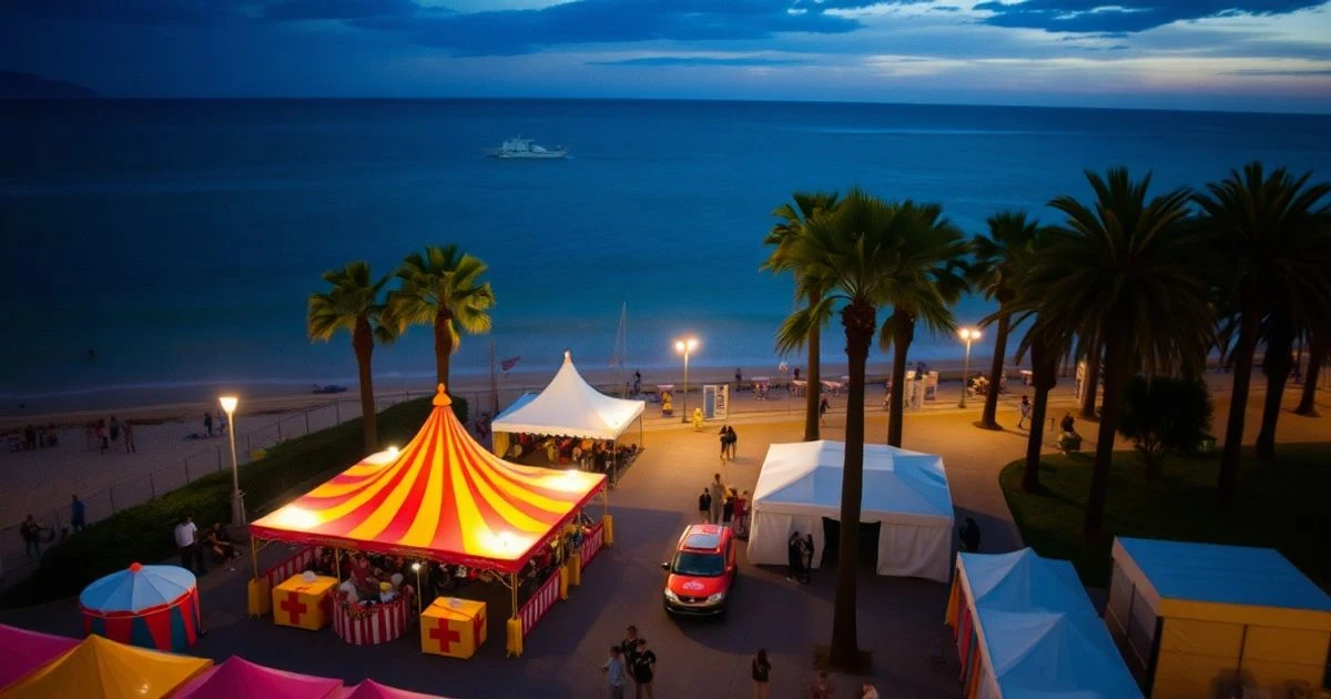 Vista aérea de la feria de El Palo al atardecer, con casetas, escenario y el mar Mediterráneo al fondo