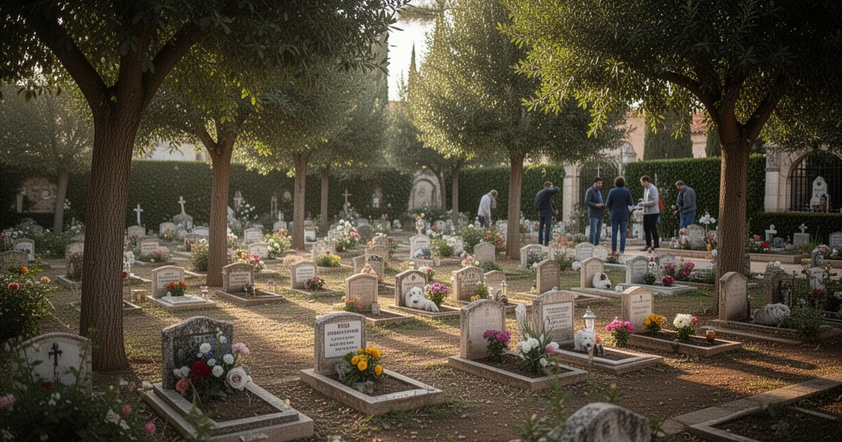 Exterior view of Málaga's public pet cemetery building and garden