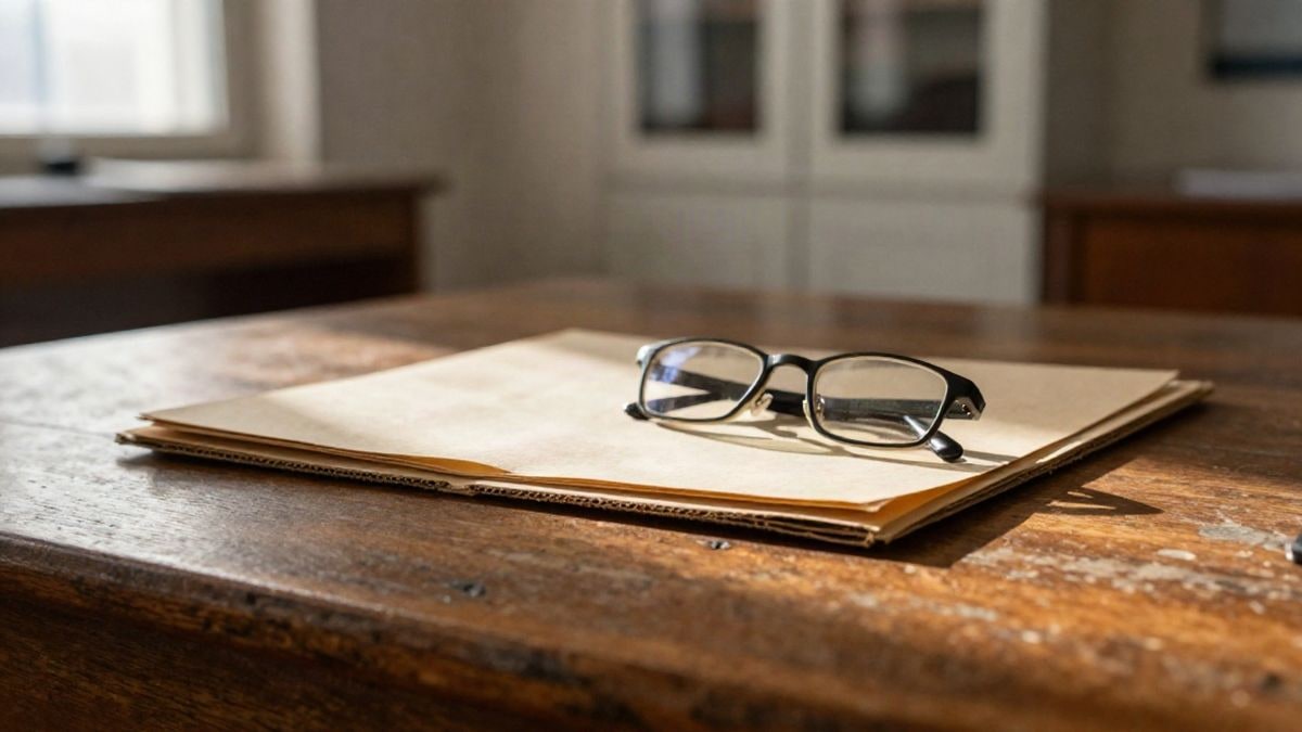 Imagen ilustrativa: escritorio de madera con documentos y carpeta cerrada bajo luz natural cálida