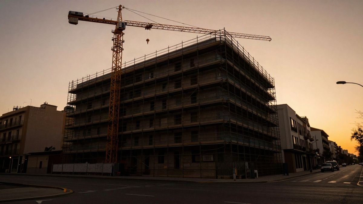 Imagen ilustrativa: fachada de hotel genérico en obras al atardecer con andamios y una grúa en contraluz