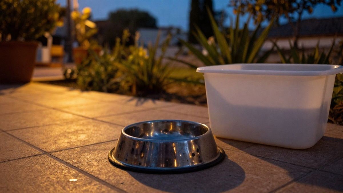 Imagen ilustrativa: cuenco de metal y bebedero en un patio al atardecer bajo luz artificial