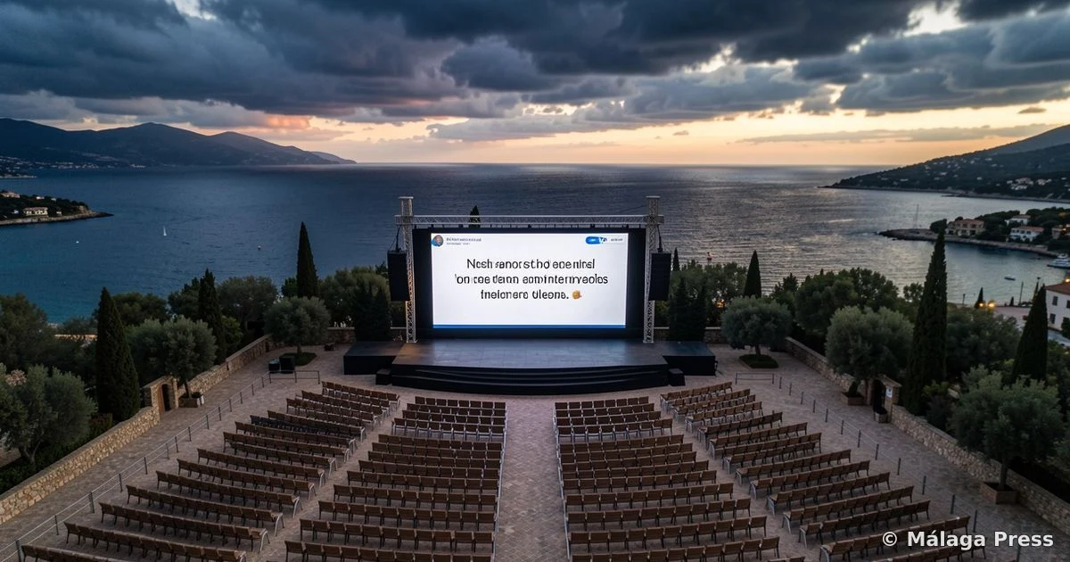 Vista aérea del escenario vacío de Marenostrum Fuengirola al atardecer con pantalla encendida y mar de fondo