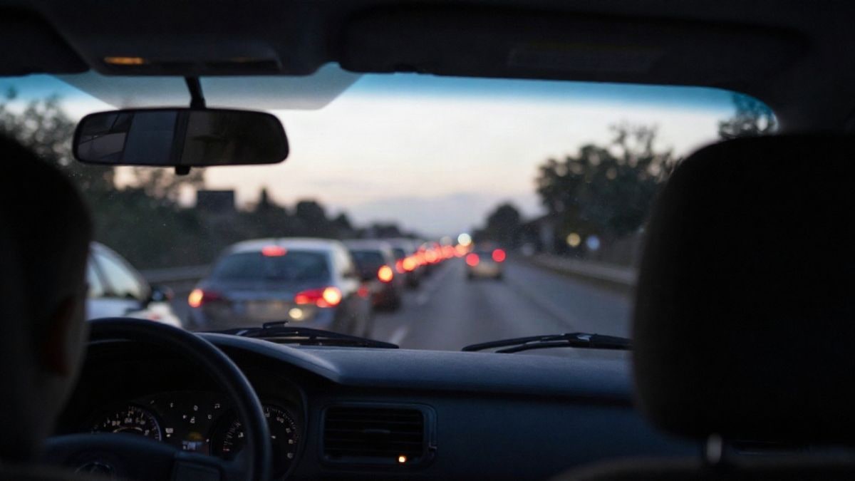 Imagen ilustrativa: interior de un coche con vistas a una autovía congestionada al amanecer
