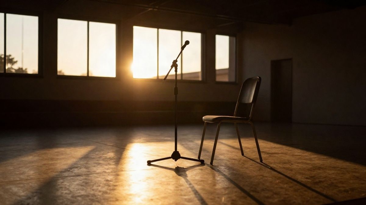 Illustrative image: empty stage of a community hall backlit at sunset with long shadows