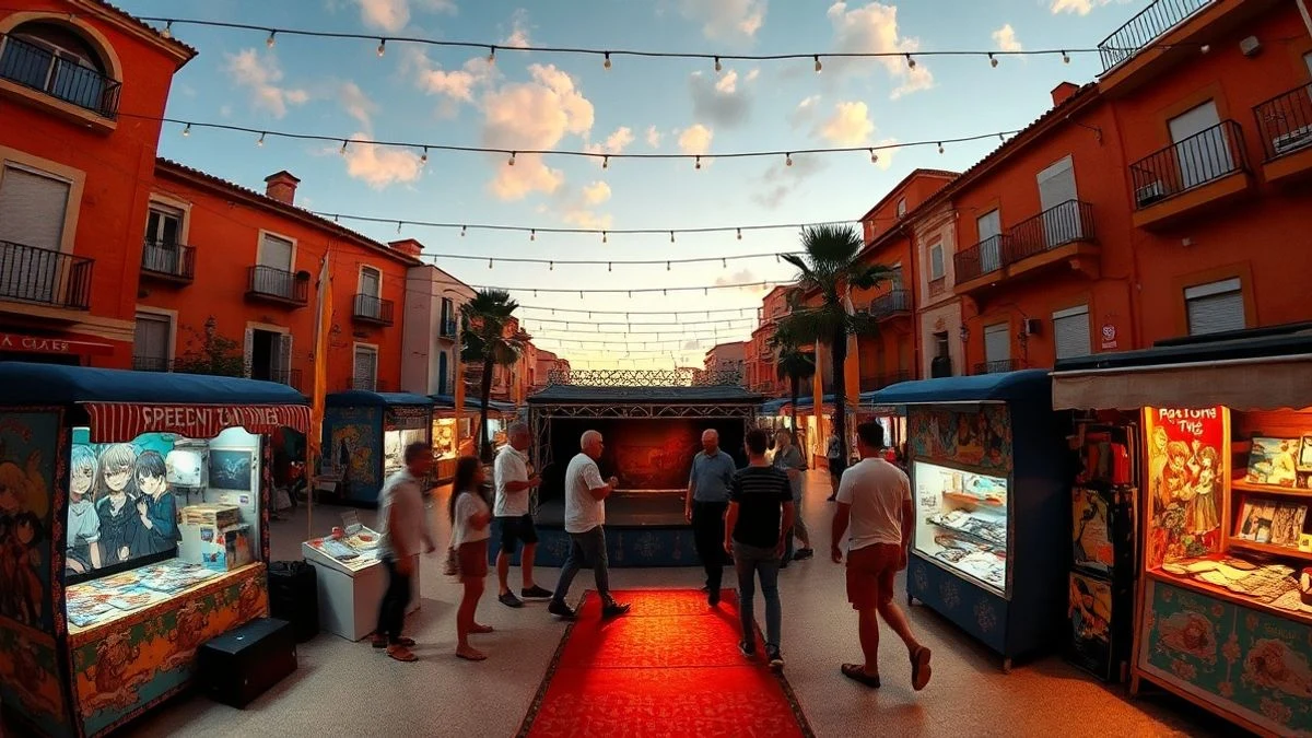 Imagen ilustrativa: plaza española al atardecer con un escenario y puestos de mercado iluminados con luces de colores.