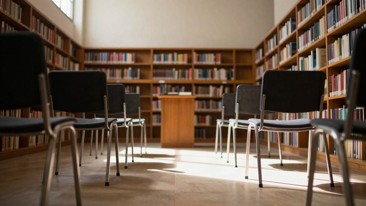 Imagen ilustrativa: sillas vacías frente a un atril en una sala de lectura de biblioteca con estanterías al fondo