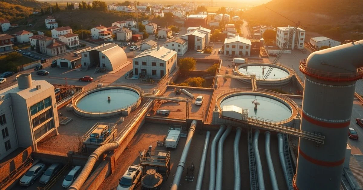 Aerial view of a village with pipes and a water treatment plant under construction