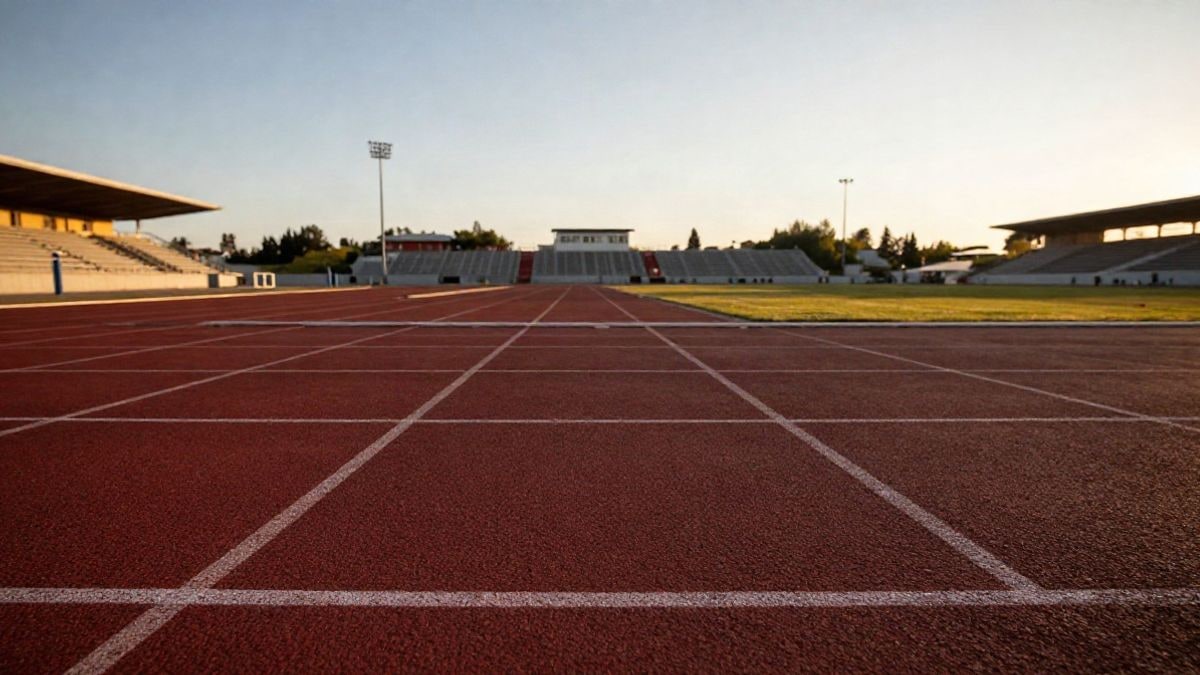Imagen ilustrativa: pista de atletismo al aire libre con gradas vacías al atardecer