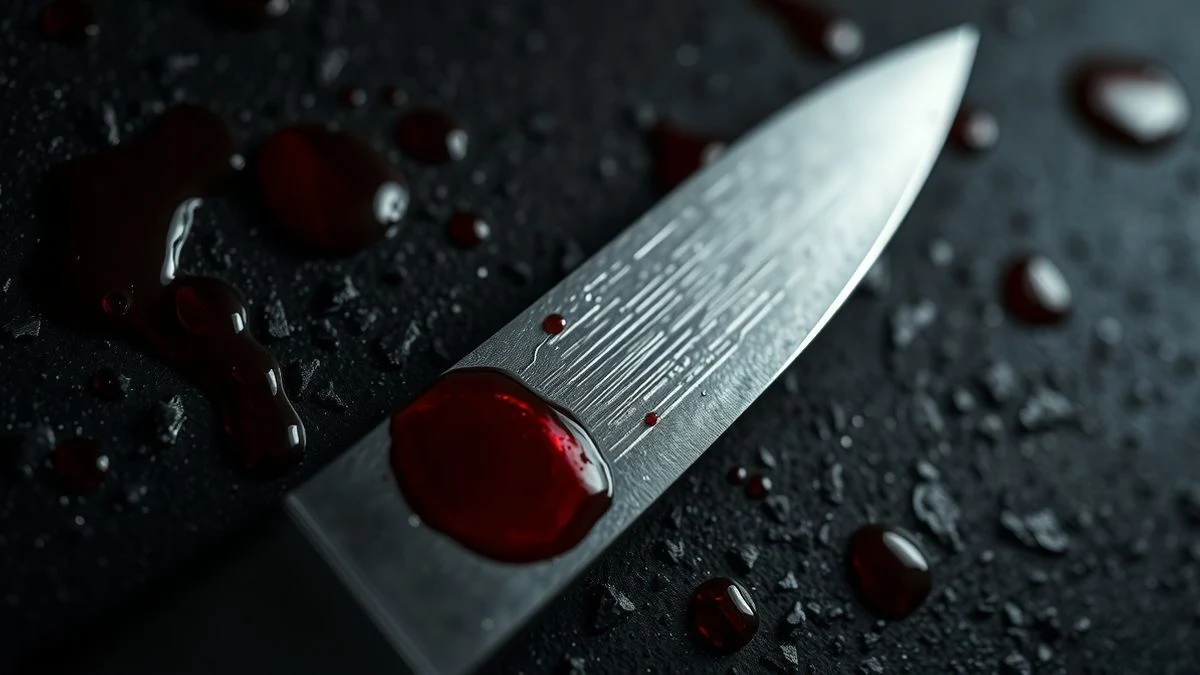 Primer plano de un cuchillo con manchas de sangre sobre una superficie oscura