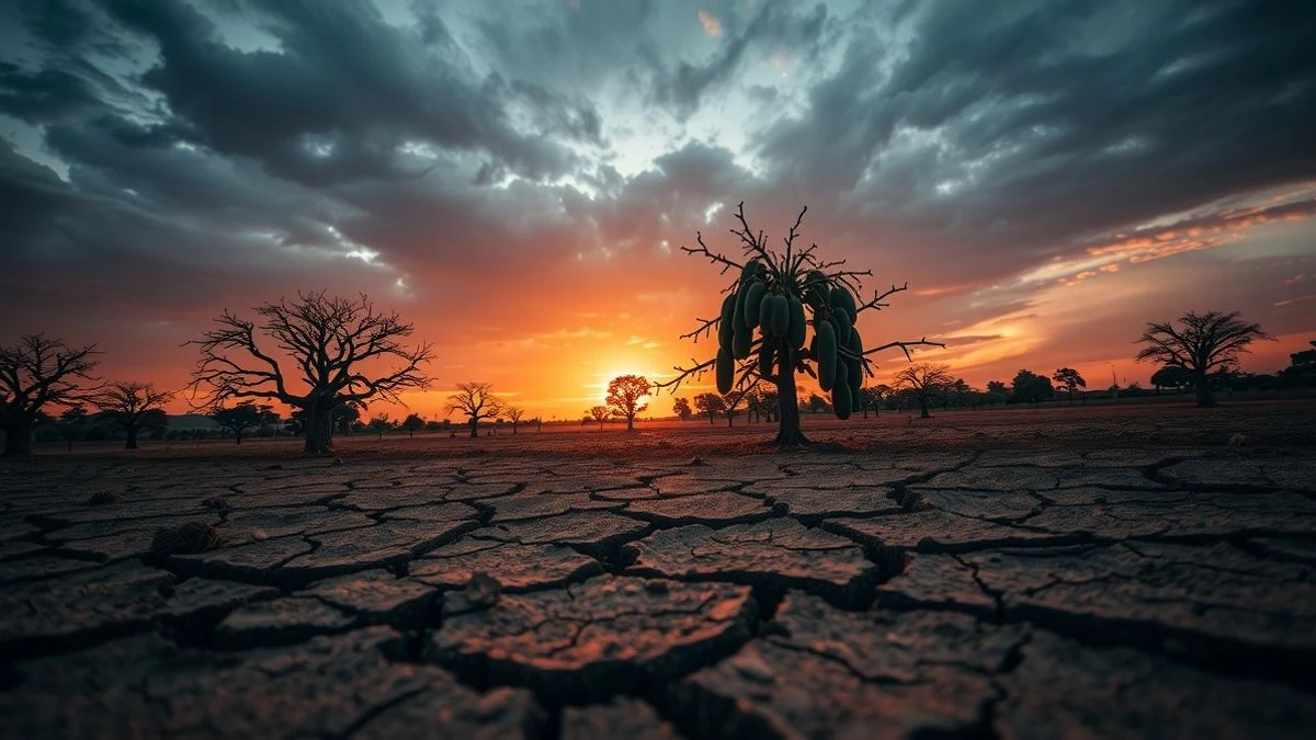 Imagen ilustrativa: campo seco con árboles frutales marchitos y un depósito de agua al fondo bajo un cielo de atardecer