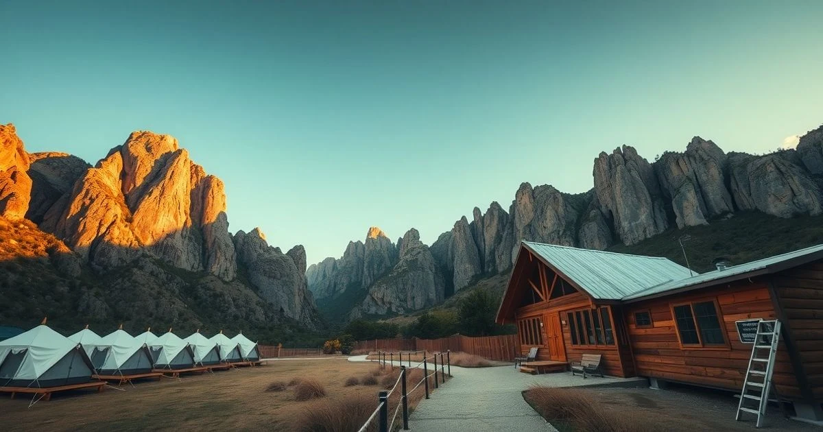 View of the Torcal Camping at sunset, with the karst landscape in the background and empty platforms for tents