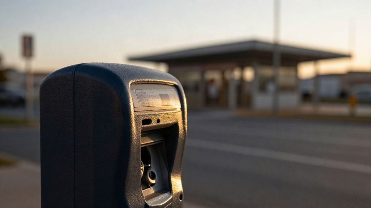Imagen ilustrativa: una máquina expendedora de tickets junto a un carril de autobuses con un edificio de terminal al fondo desenfocado.
