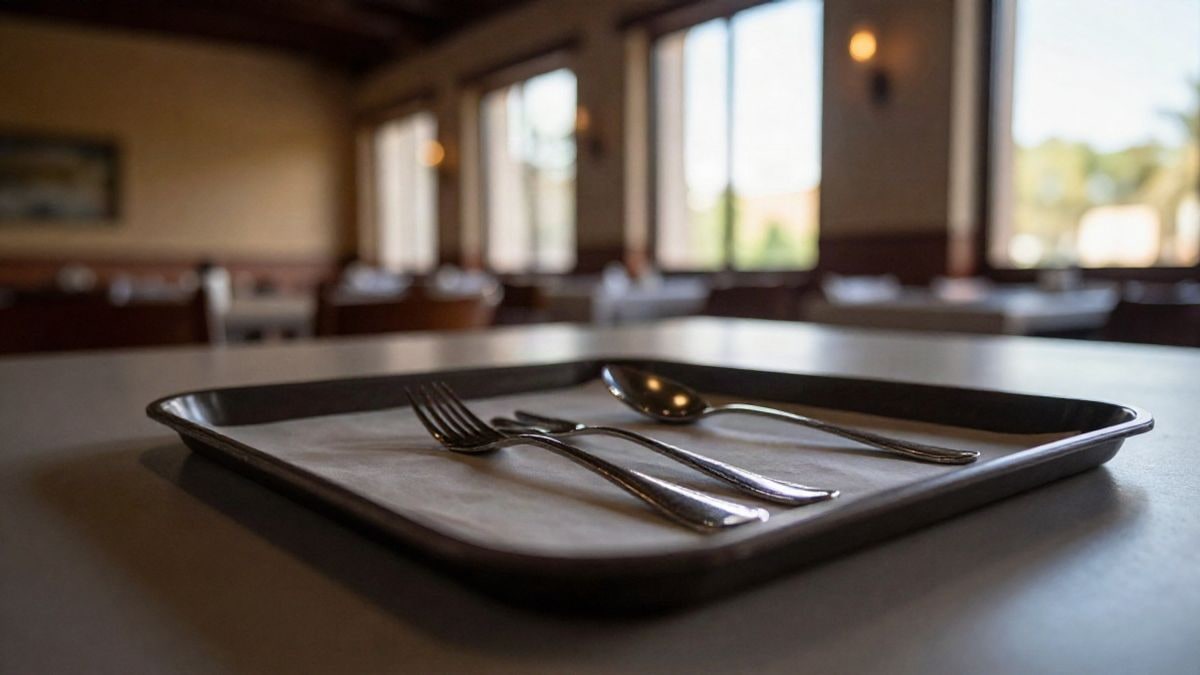 Imagen ilustrativa: bandeja vacía con cubiertos sobre una mesa de comedor escolar