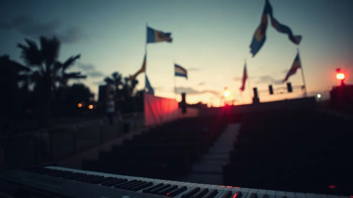 Imagen ilustrativa: escenario vacío con piano de cola y luces de colores en un auditorio al aire libre de noche