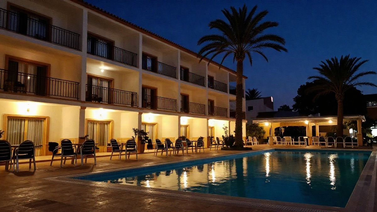Imagen ilustrativa: fachada de un hotel mediterráneo genérico iluminada de noche junto a una piscina