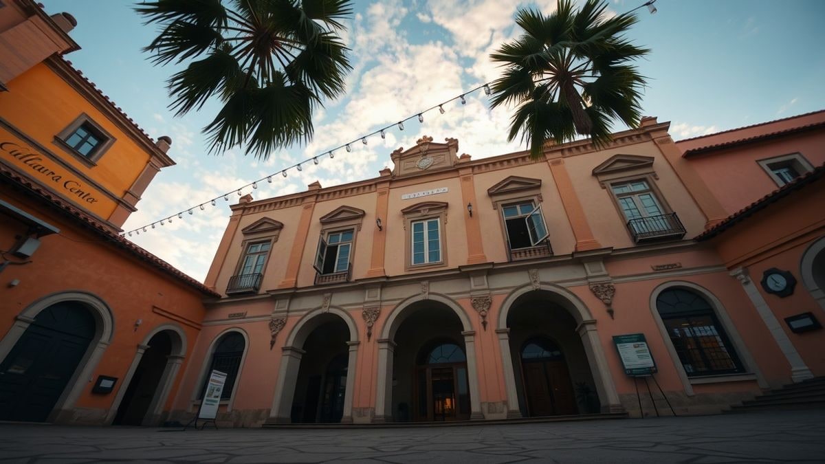 Imagen ilustrativa: fachada de un centro cultural andaluz al atardecer, vista desde abajo