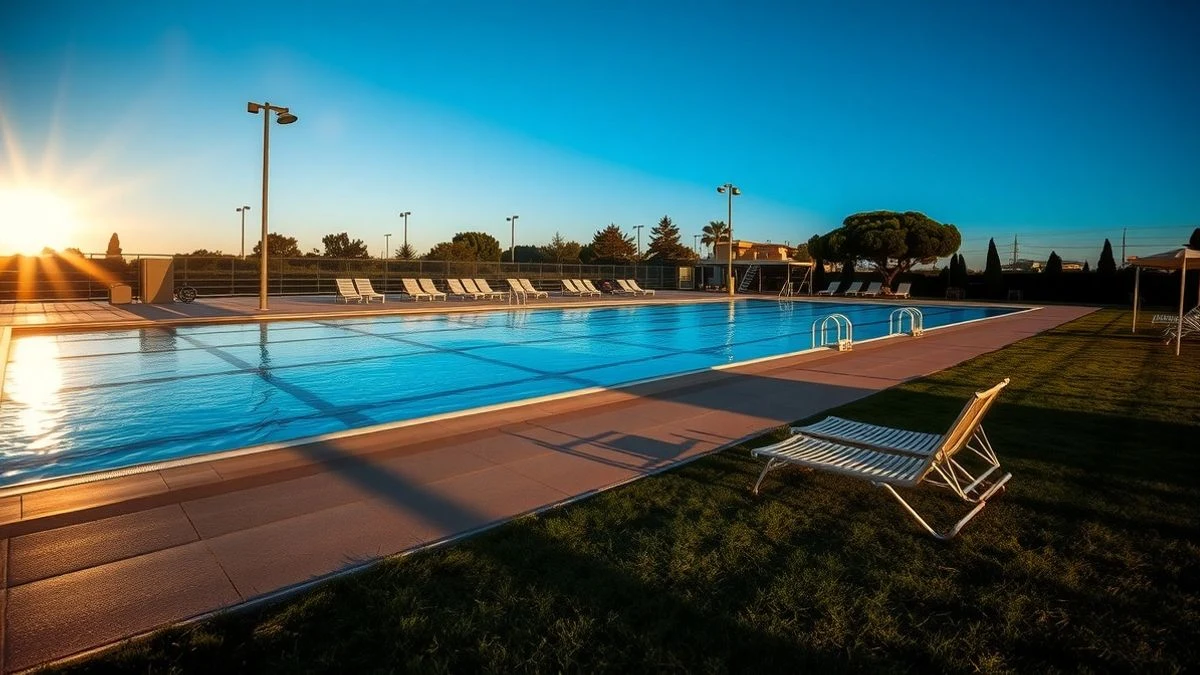 Piscina municipal al atardecer con sombras largas y tumbonas vacías