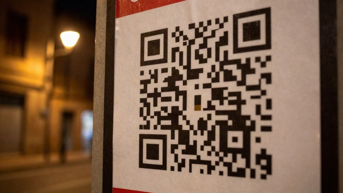 Illustrative image: a QR code printed on a poster stuck to a wall