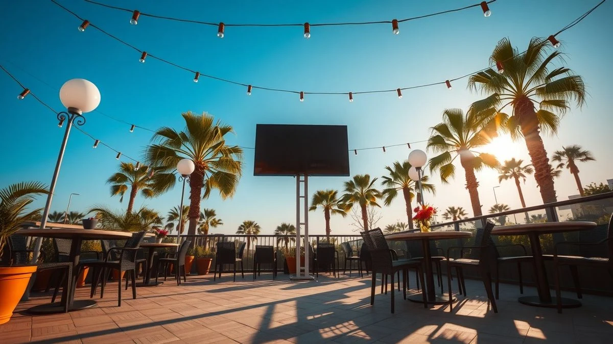 Terrace of a bar with a television screen facing inward, under a blue sky with palm trees