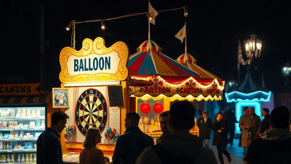 Imagen ilustrativa: un puesto de tiro con globos en una feria, iluminado con luces cálidas y ambiente nocturno.