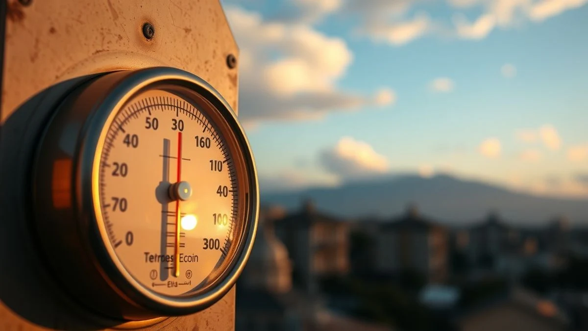 Termómetro marcando 33 grados frente al horizonte de Málaga con cielo nublado