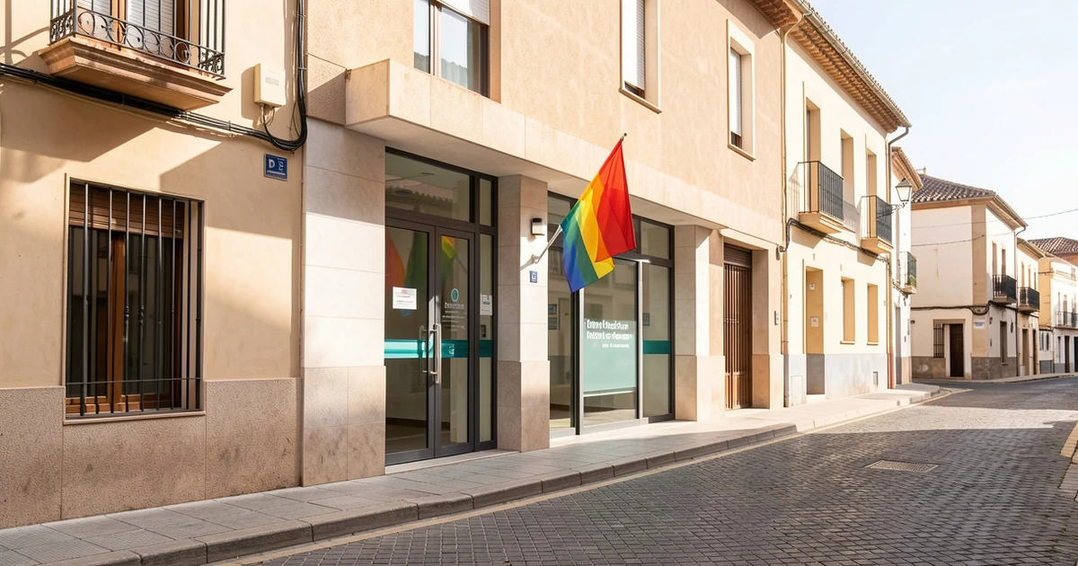 Fachada del edificio de Servicios Sociales de Antequera con bandera arcoíris