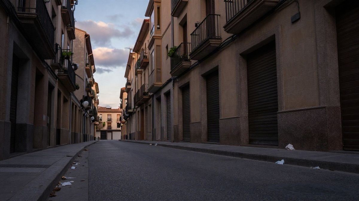Imagen ilustrativa: calle estrecha de una ciudad española al atardecer con restos en el suelo