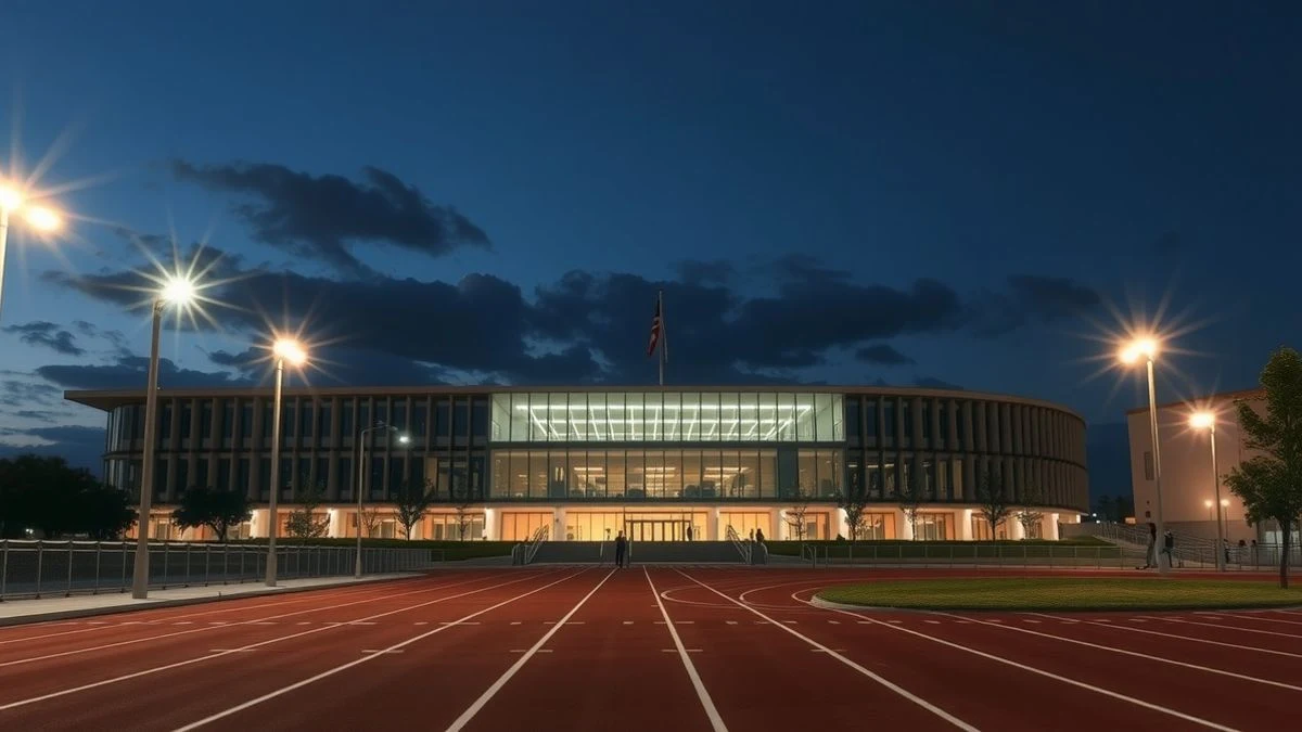 Imagen ilustrativa: un centro deportivo moderno iluminado al anochecer, con pista de atletismo y focos artificiales.